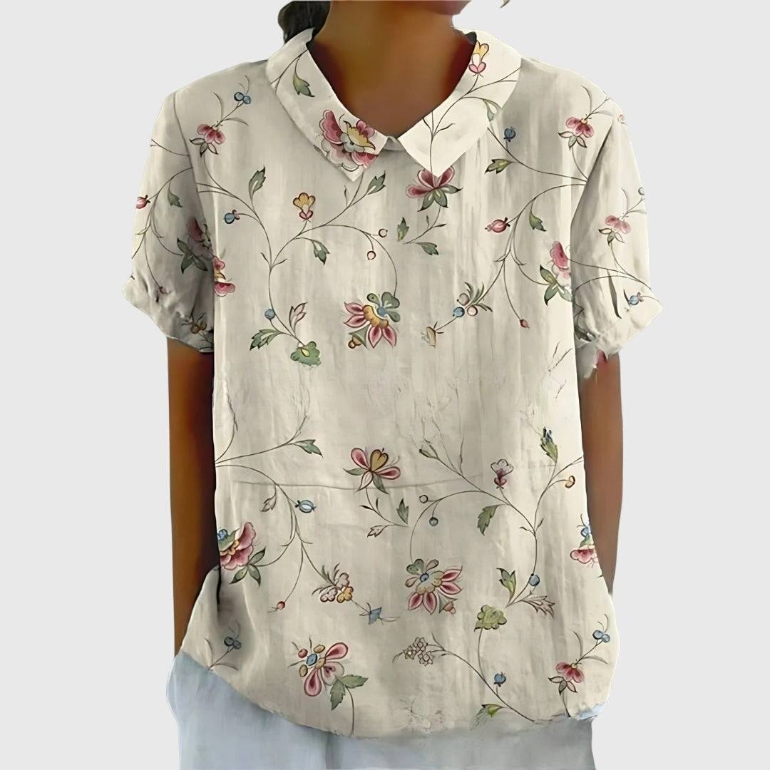 Women's Short-Sleeve Blouse with Floral Accent Collar