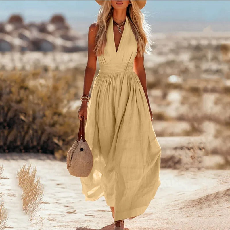 Women's Bohemian Sleeveless Halter Linen Maxi Dress