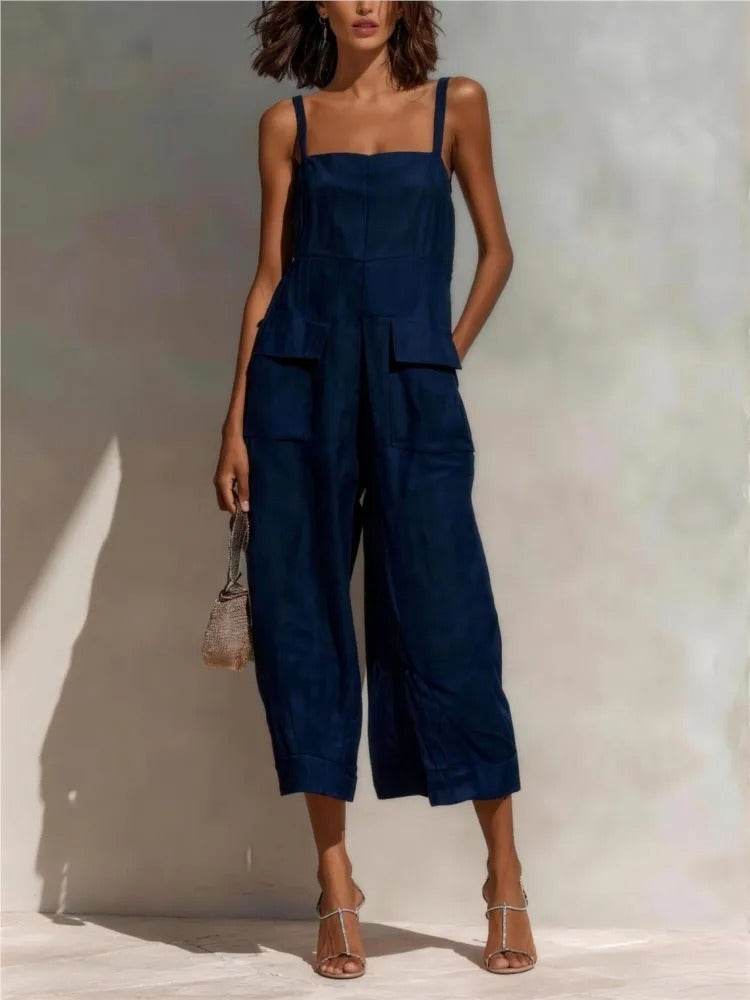Women's Belted Linen Midi Dress with Pockets