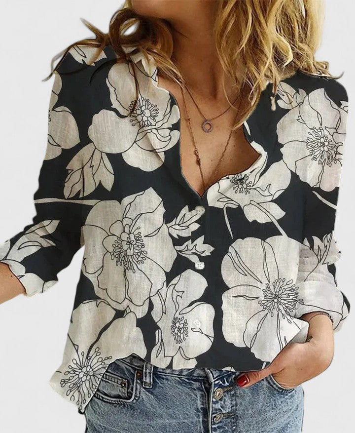 Women's Button-Front V-Neck Linen Blouse