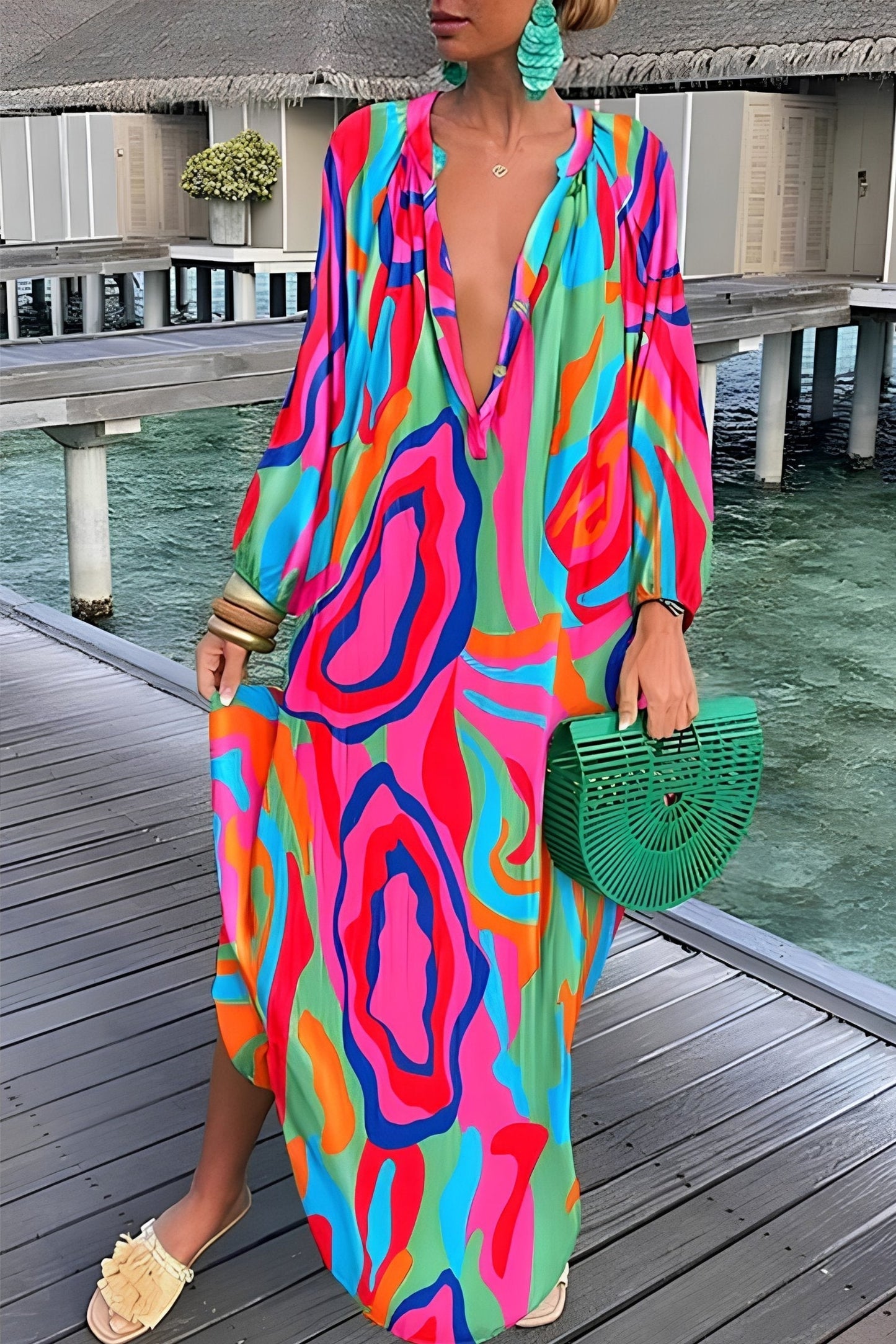 Women's Loose V-Neck Kaftan Maxi Dress in Abstract Print