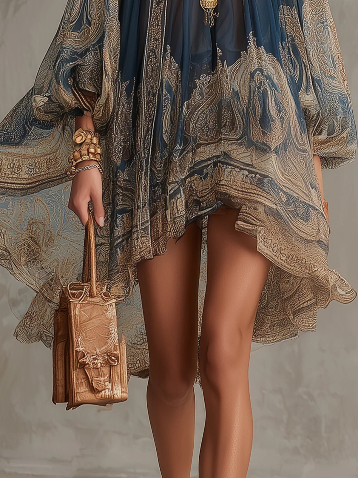 High-Neck Baroque Print Chiffon Dress with Flowy Sleeves for Women