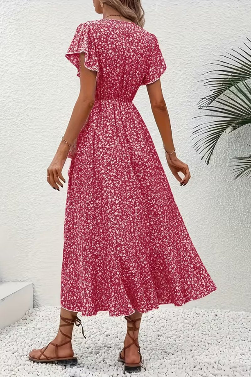 Women's Asymmetric V-Neck Floral Wrap Midi Evening Dress