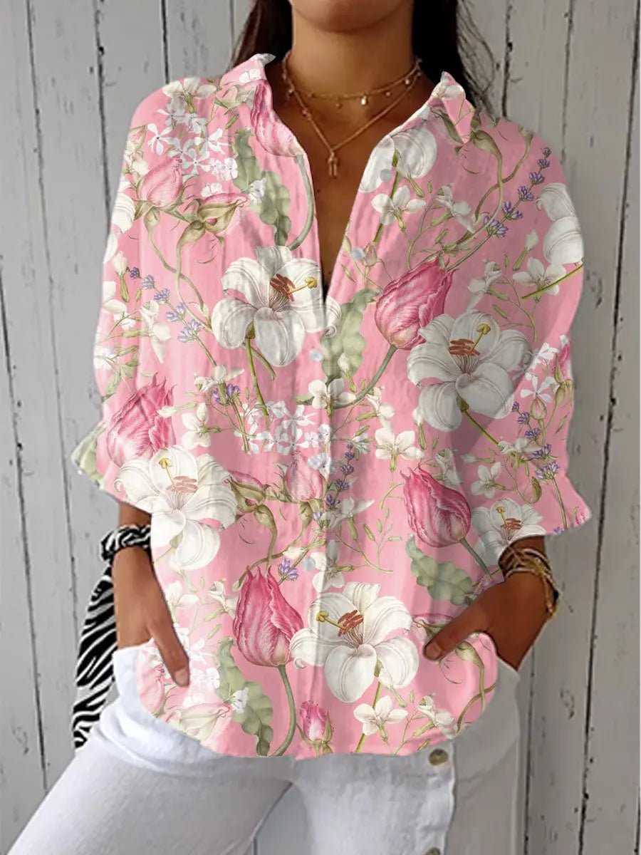 Women's Loose-Fit Botanical Print V-Neck Blouse