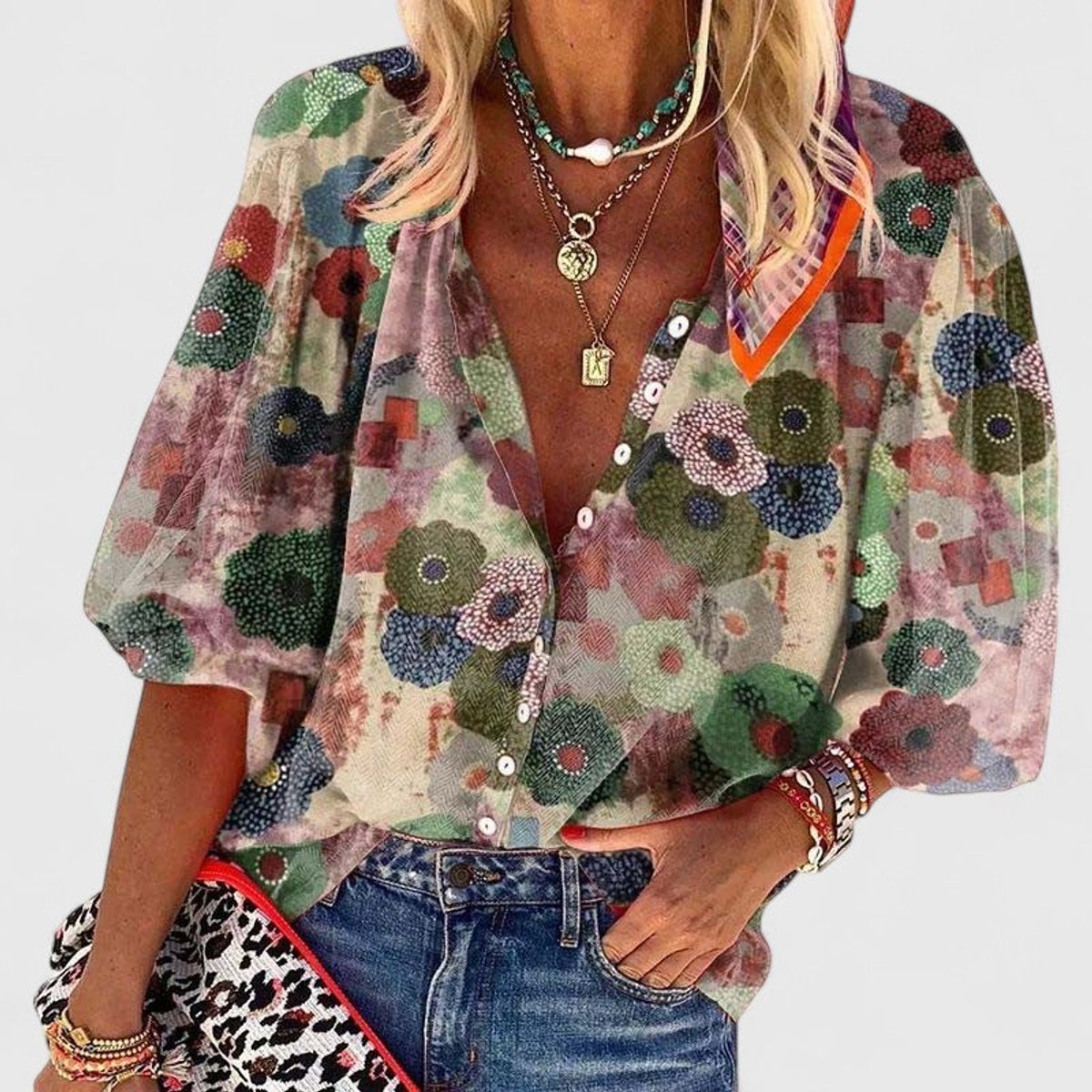 Women's Button-Up Oversized V-Neck Floral Blouse