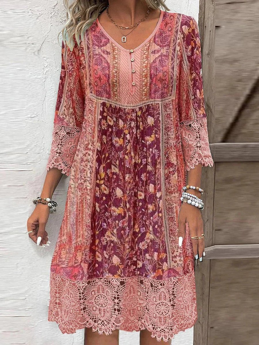 Women's Boho Floral Print Lace-Sleeve Tunic Dress