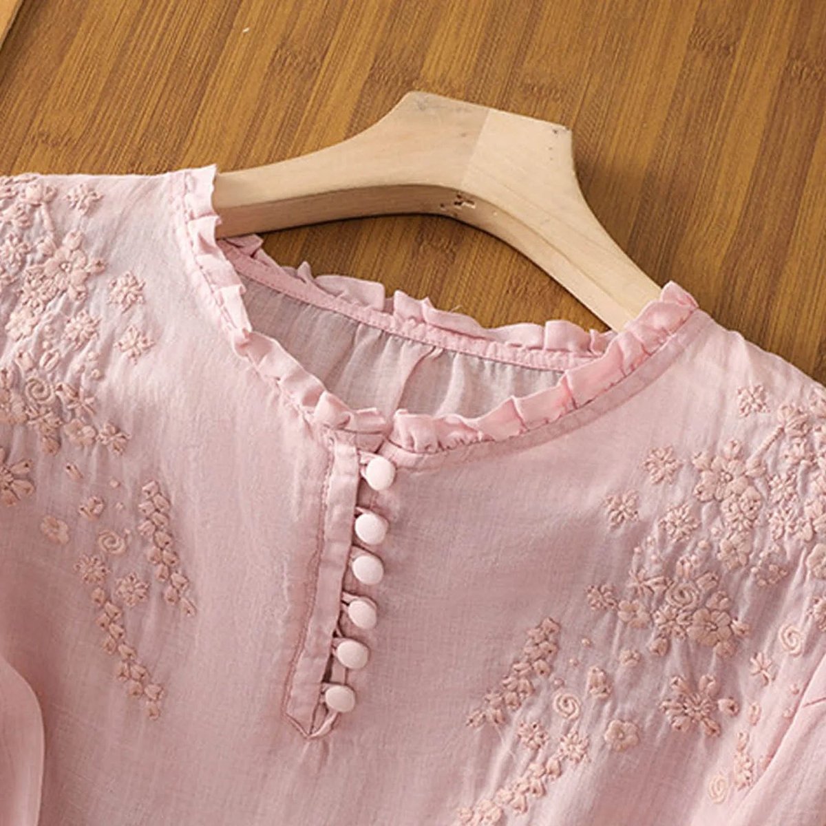 Women's Linen Boho Embroidered Ruffle-Neck Blouse