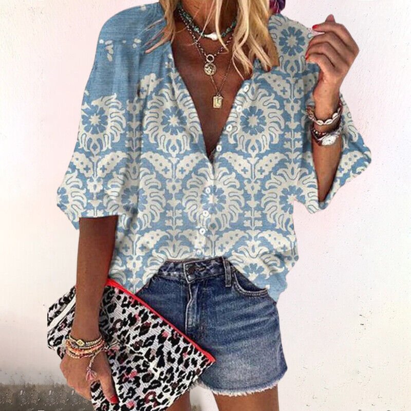 Women's Long-Sleeve Floral Bohemian Top with V-Neck