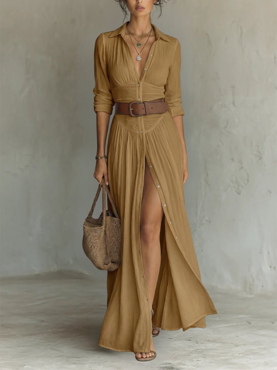 Women's Belted Bohemian Maxi Blouse Dress