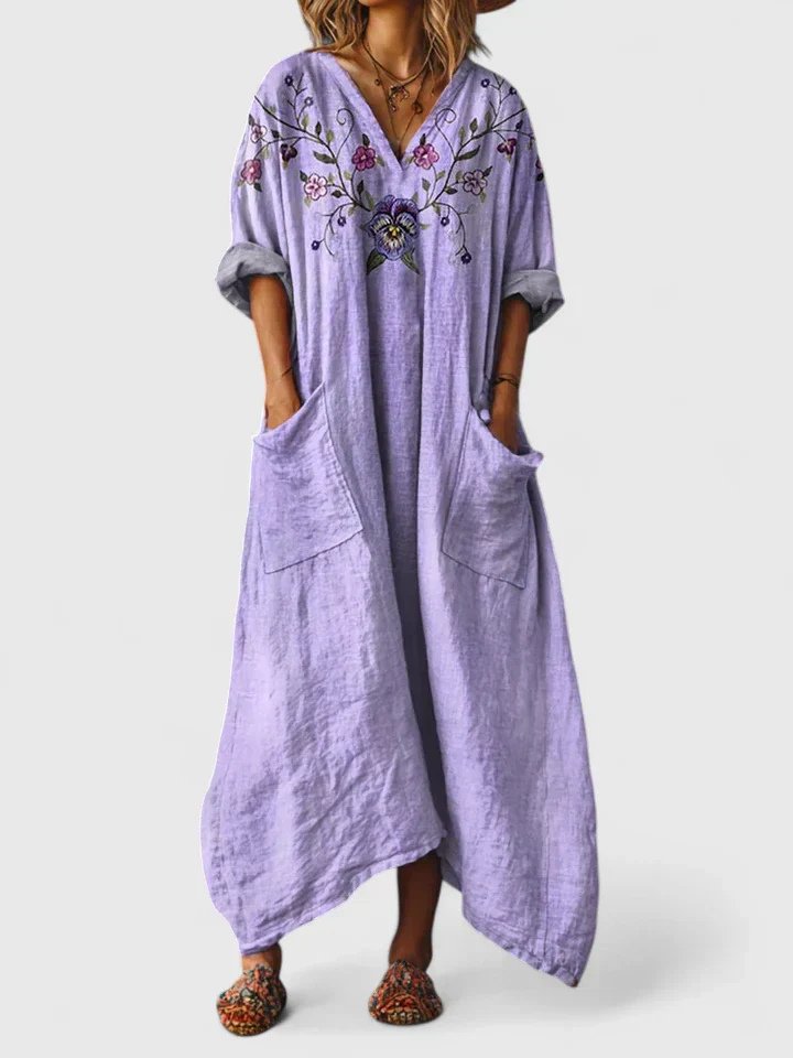 Women's Oversized Cotton Paisley Bohemian Maxi Dress with Pockets
