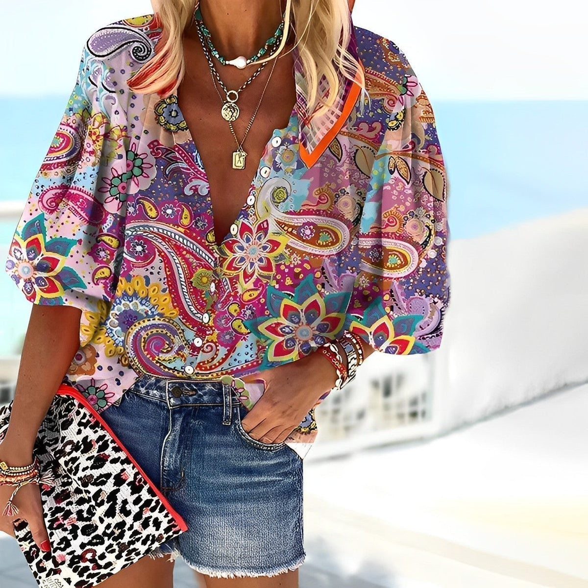 Women's 3/4 Sleeve Paisley Print V-Neck Boho Blouse