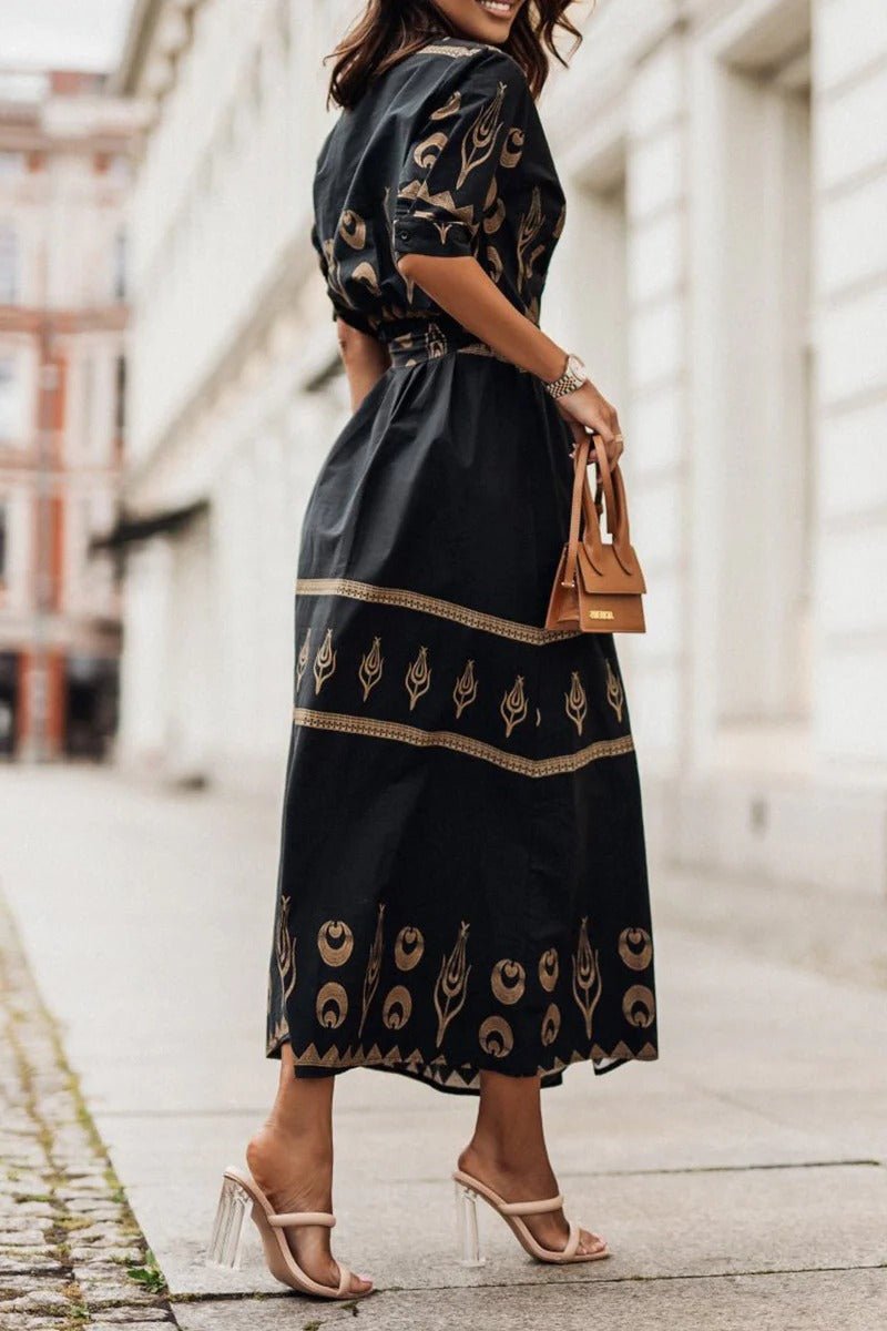 Women's Belted Bohemian Pattern Midi Dress