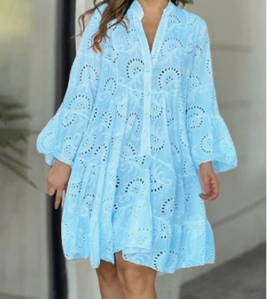 Women's Long Sleeve Broderie Anglaise White A-Line Shirt Dress