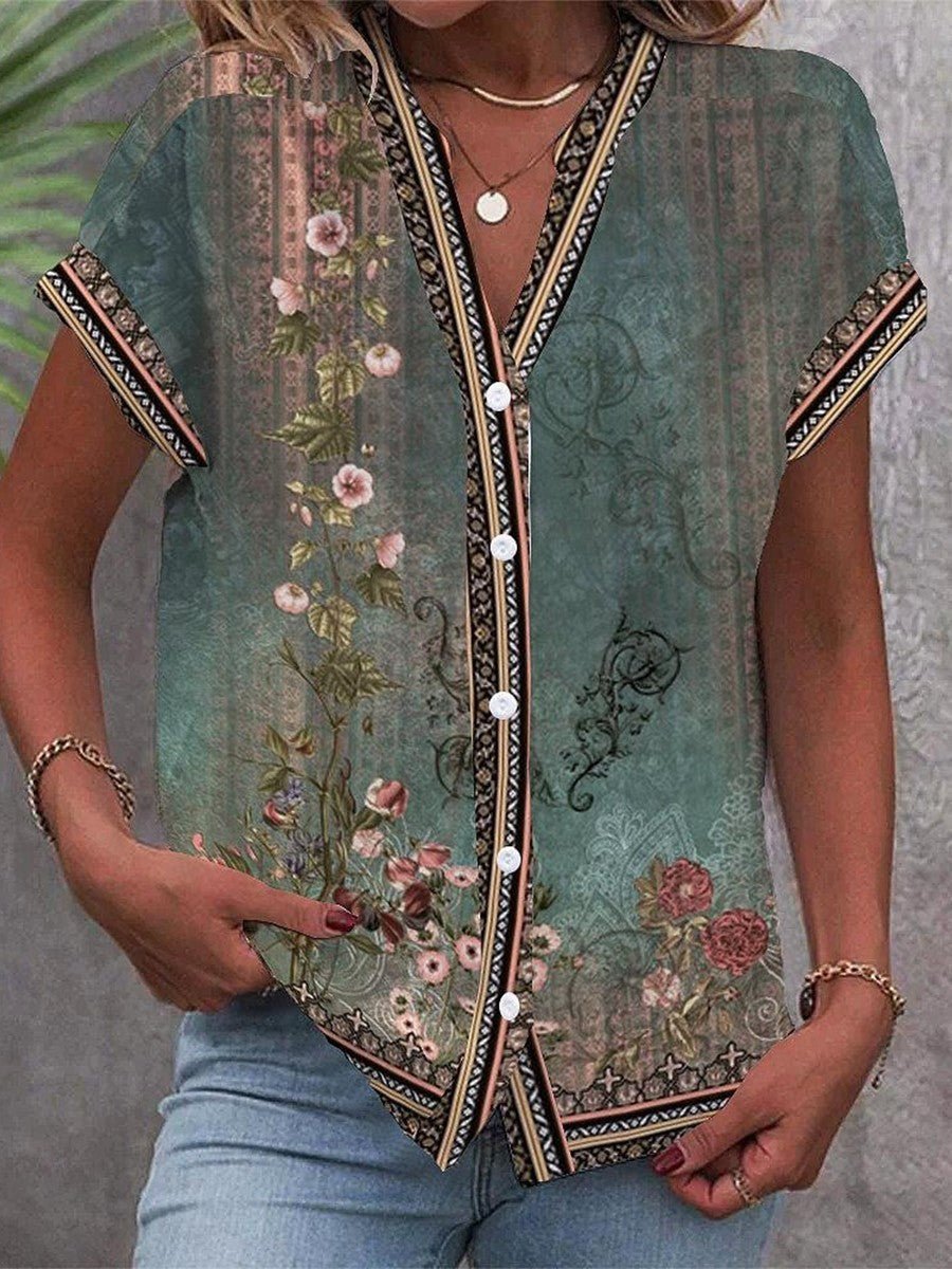 Women's Short Sleeve V-Neck Floral Pattern Casual Top