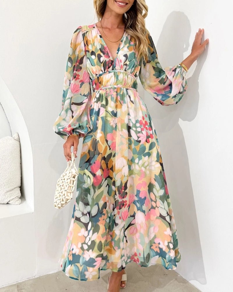 Floral Chiffon V-Neck Puff Sleeve Midi Dress for Women