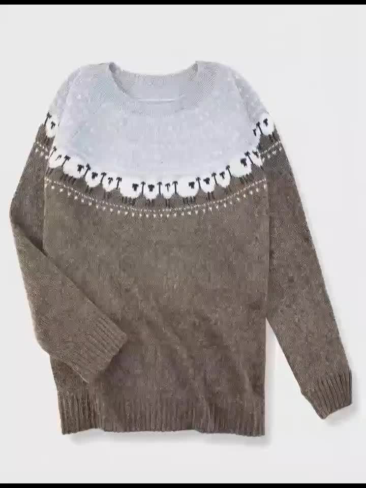 Chunky Jacquard Sheep Motif Knit Sweater for Women