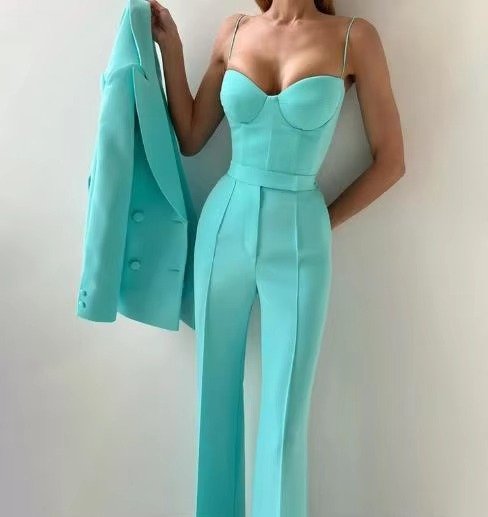Women's Three-Piece Set with Blazer, Corset Top, and Wide-Leg Pants
