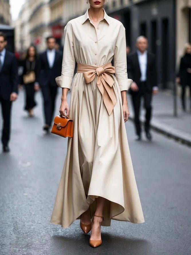 Women's Long-Sleeve Maxi Shirt Dress with Bow Belt