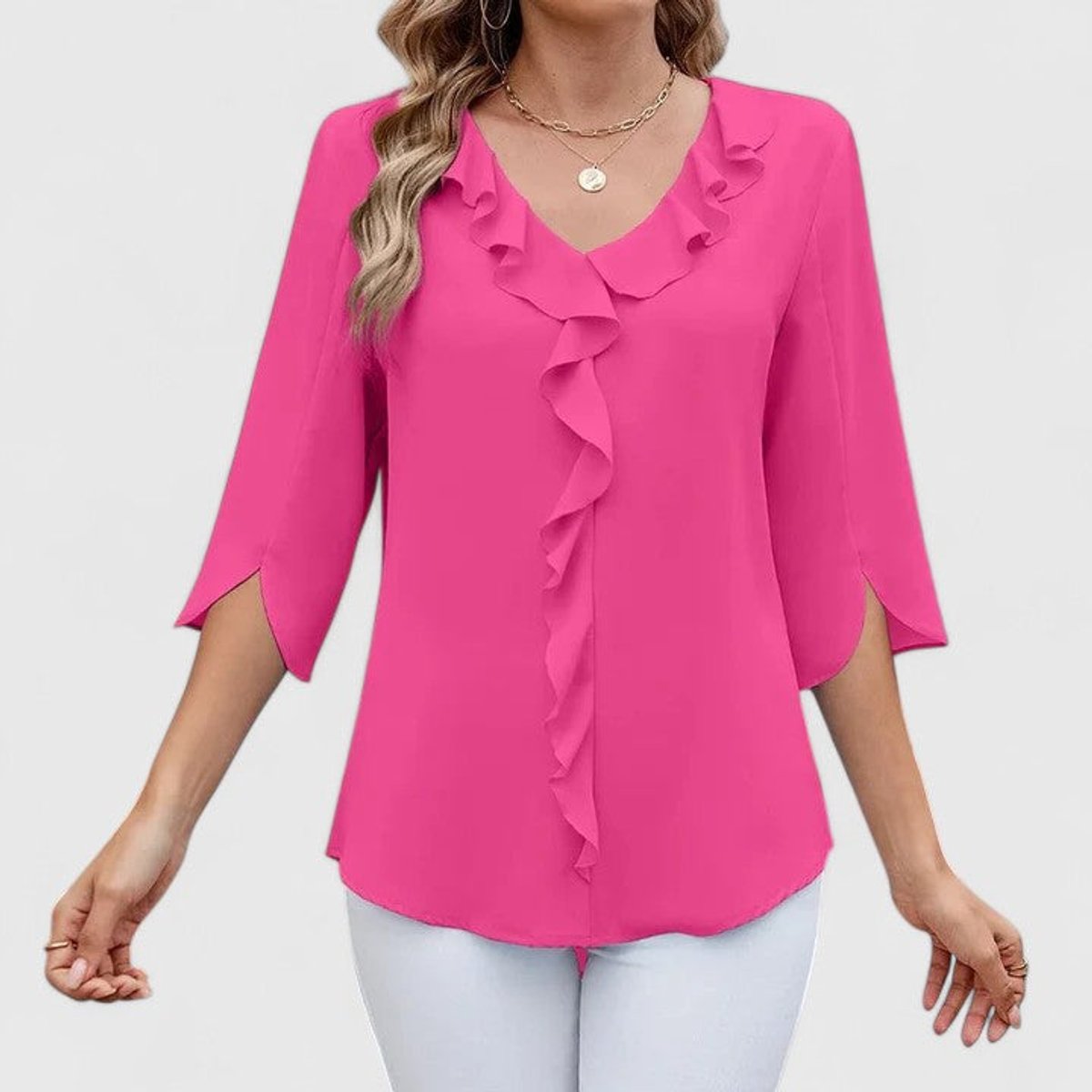 Women's 3/4 Sleeve Ruffle V-Neck Classic Blouse