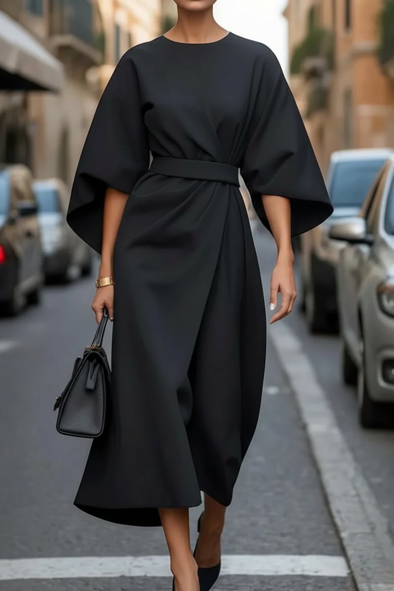 Women's Belted Wide-Sleeve Midi Cocktail Dress