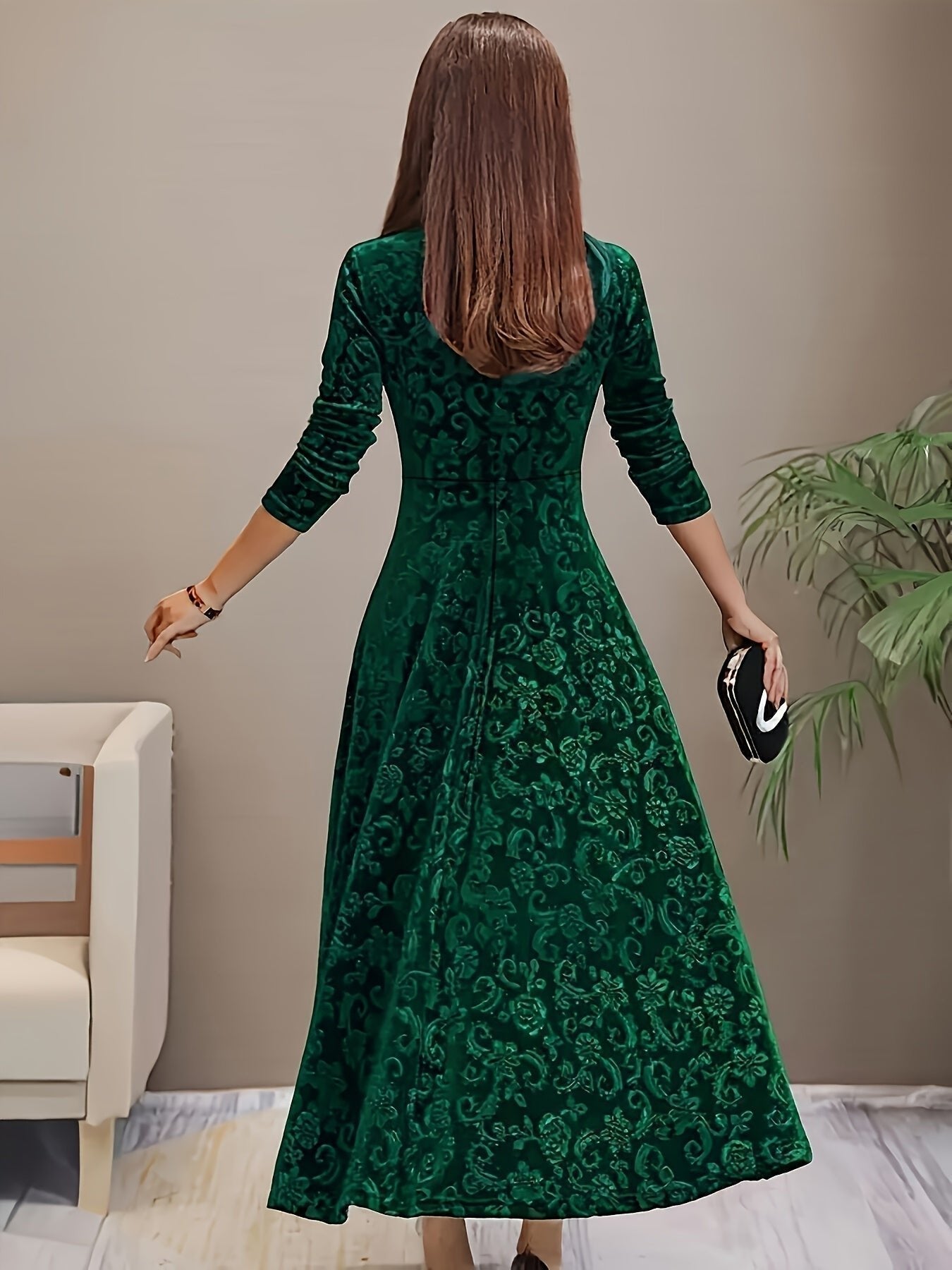 Women's 3/4-Sleeve Square-Neck Velvet Midi A-Line Dress