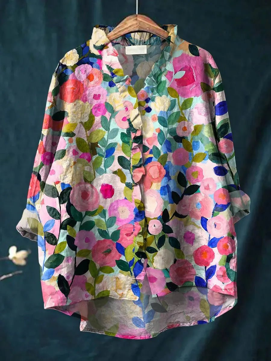 Ruffle-Trim Floral Linen Top for Women
