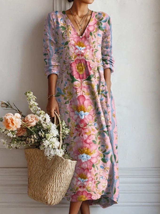 Women's Long-Sleeve Floral V-Neck Maxi Dress