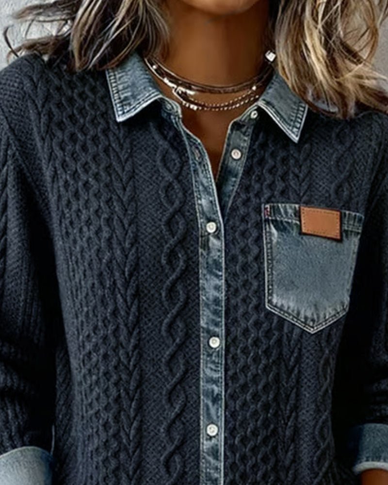 Women's Long-Sleeve Knit Casual Top with Denim Patchwork