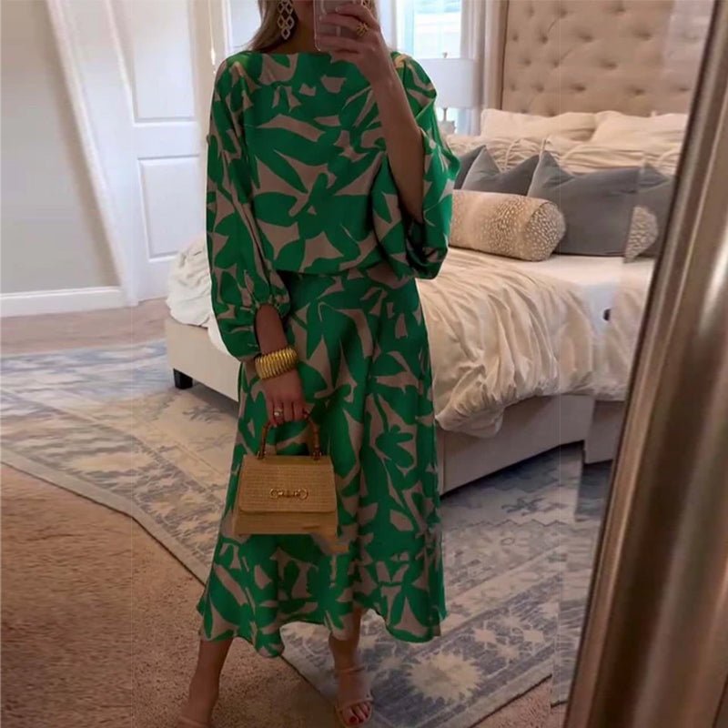 Women's Foliage Print Lantern Sleeve Two-Piece Matching Set