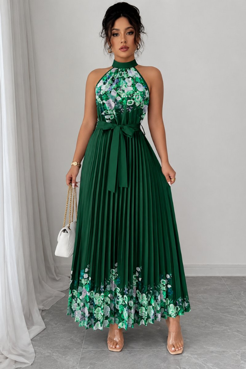 Women's Halter-Neck Floral Pleated Midi Evening Gown