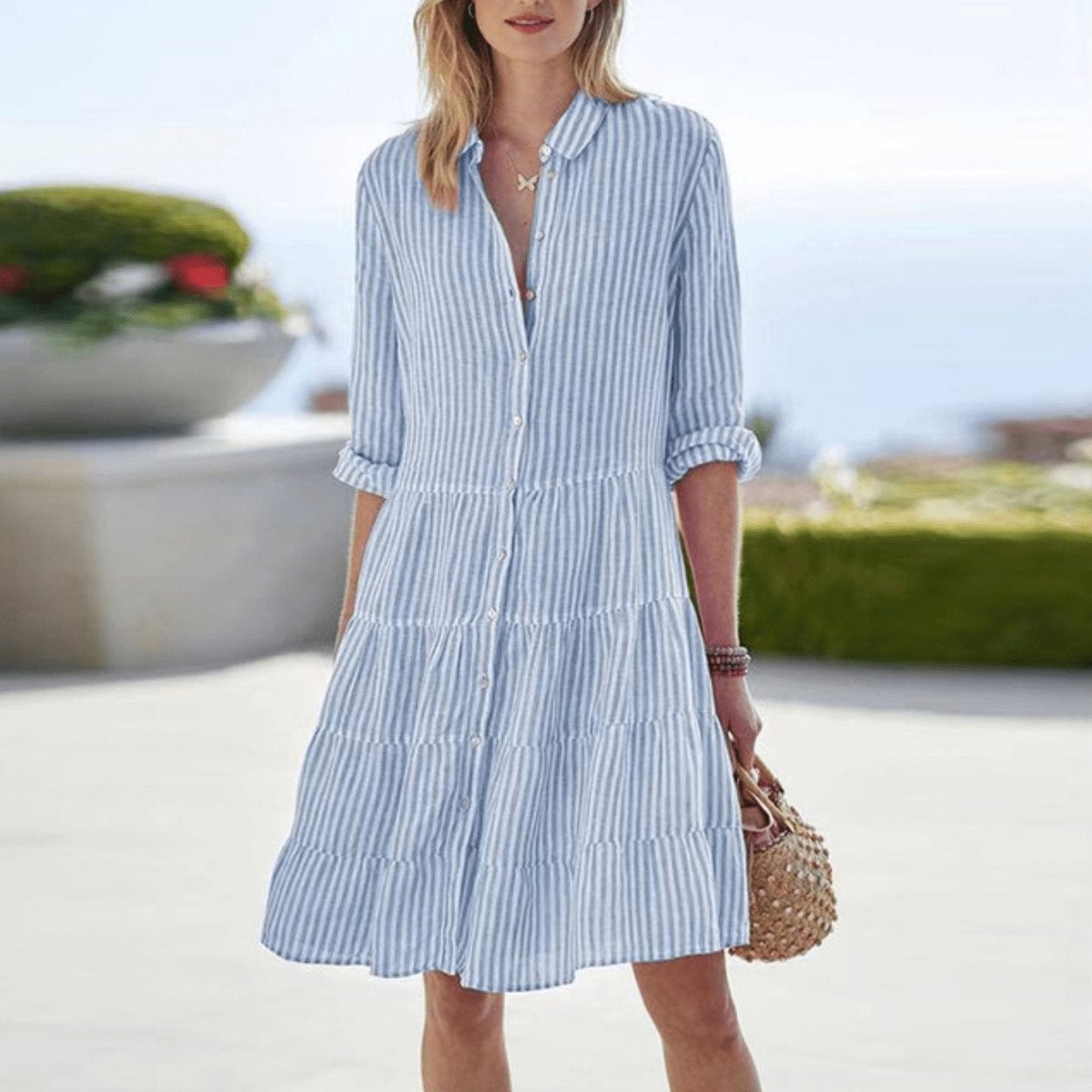 Women's Button-Front Striped Layered A-Line Shirt Dress