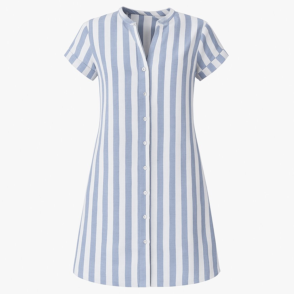 Button-Up Striped Linen Short Sleeve Shirt Dress for Women