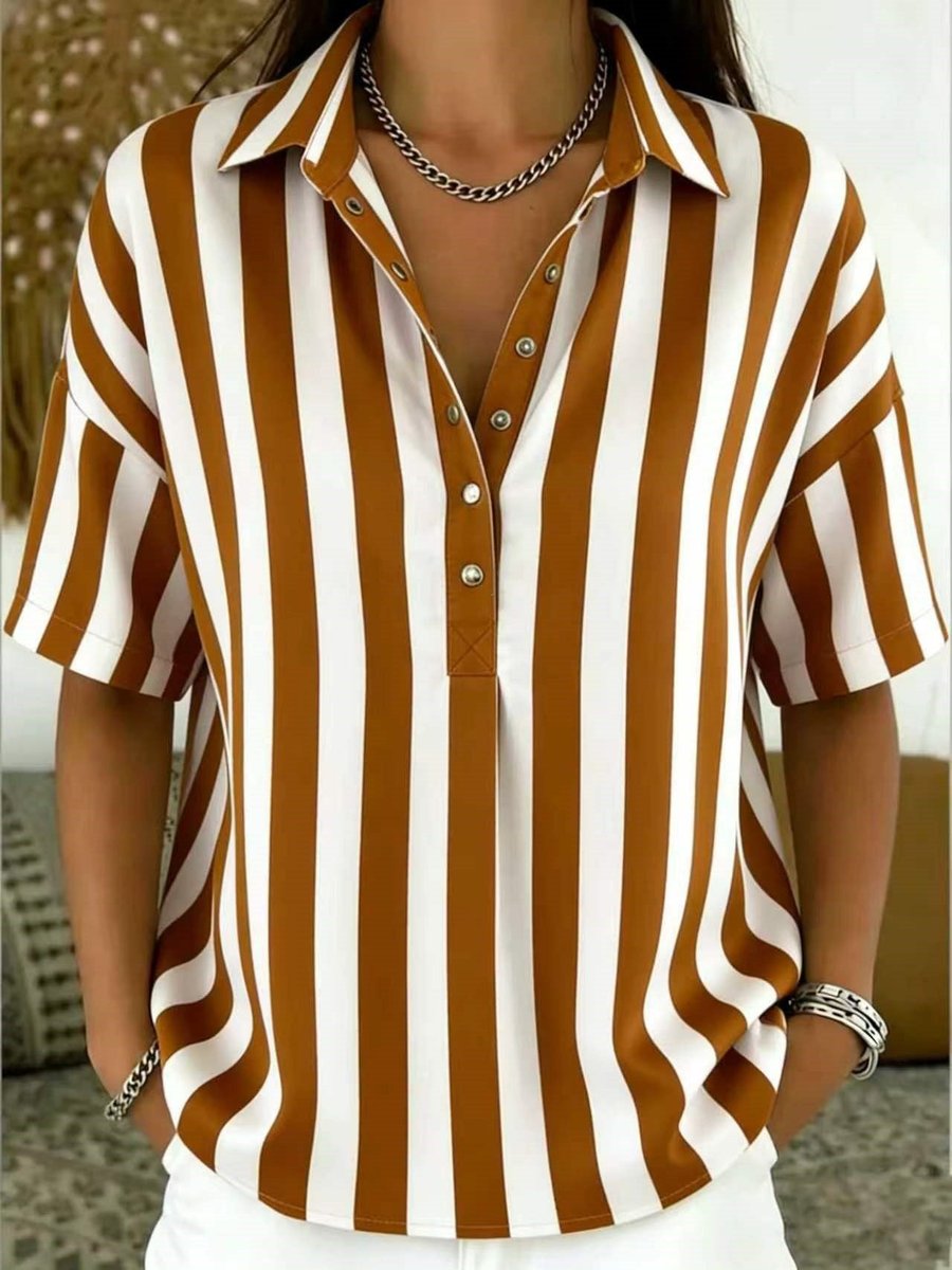 Women's Collared Short Sleeve Striped Loose Shirt