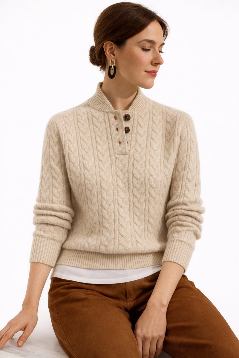 Wool-Blend Stand-Collar Buttoned Cable-Knit Sweater for Women