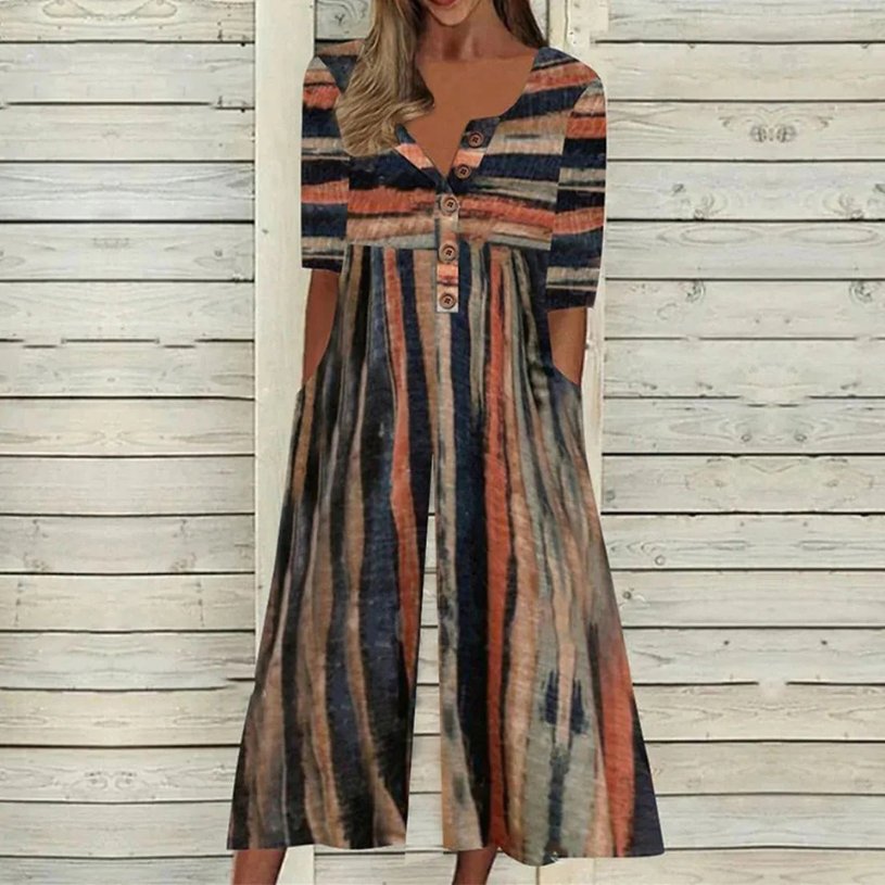 Women's Short Sleeve Button-Front V-Neck Cotton Culotte Jumpsuit