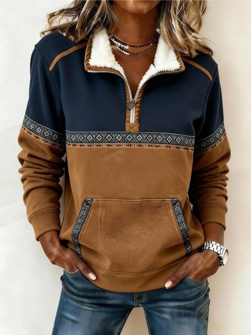 Colorblock Half-Zip Fleece Collar Pullover for Women