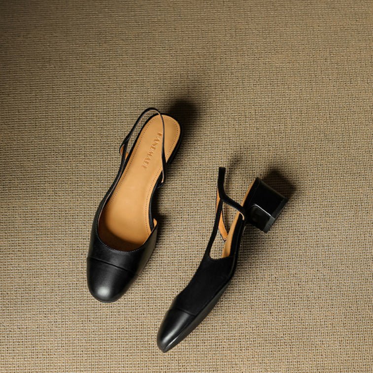 Women's Almond-Toe Leather Slingback Block-Heel Pumps