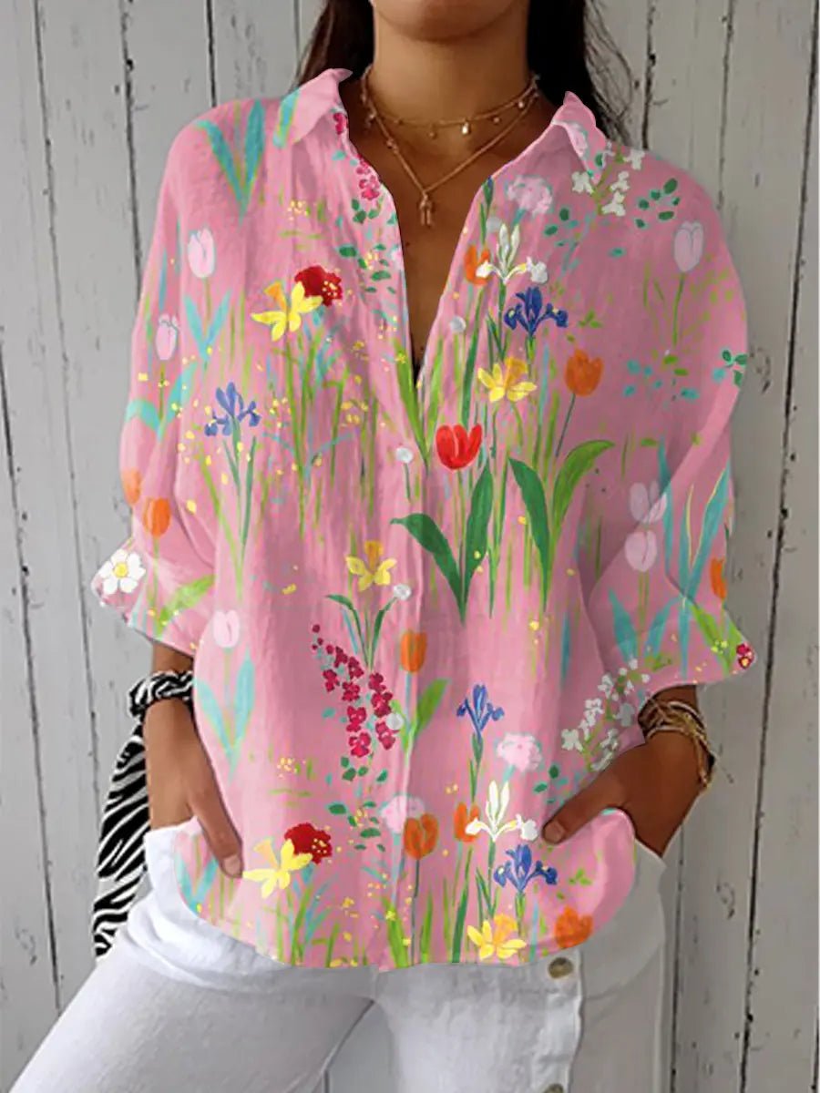 Women's Long-Sleeve Button-Up Floral Garden Blouse