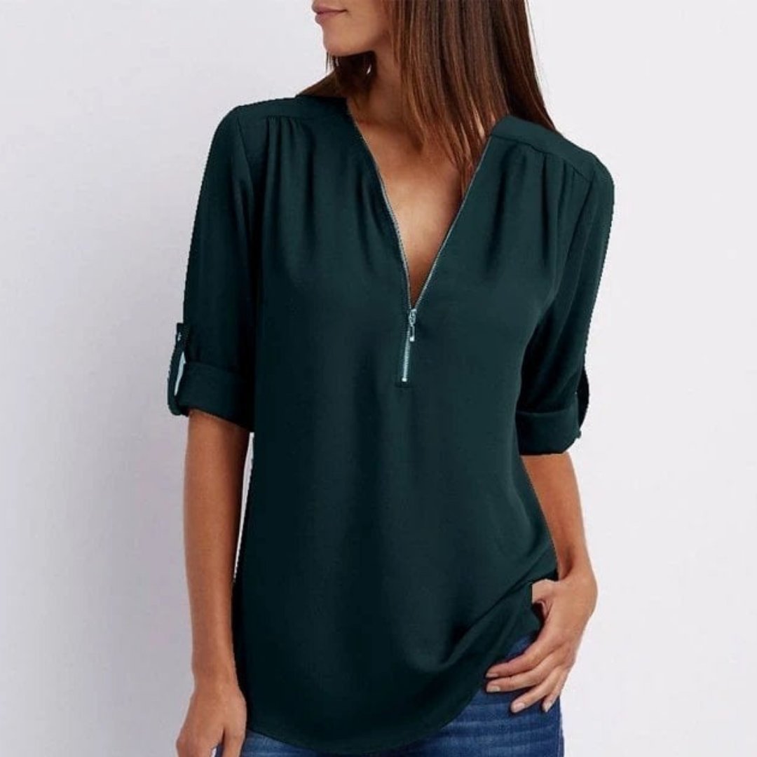 Women's Lightweight V-Neck Half-Zip Blouse with Roll-Tab Sleeves