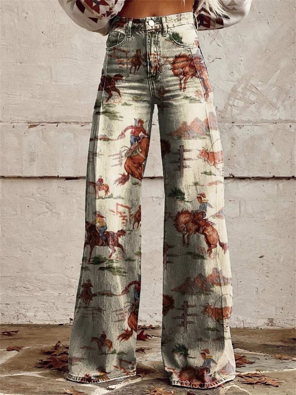Women's High-Rise Western Pattern Linen-Texture Wide Jeans