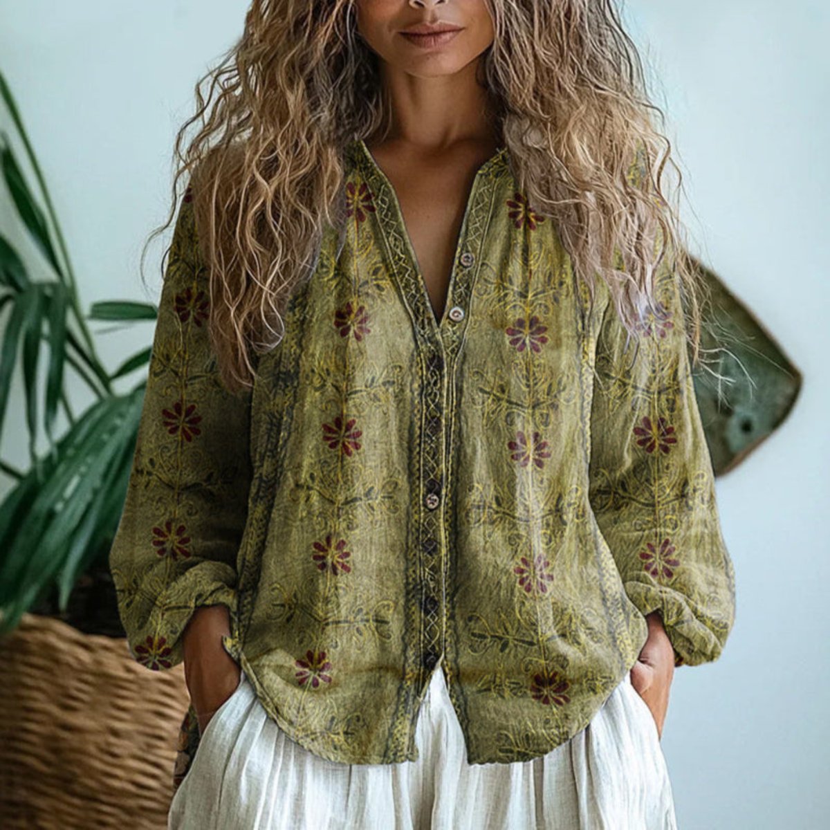Women's Floral Print Long Sleeve Linen Button-Up Cardigan Blouse