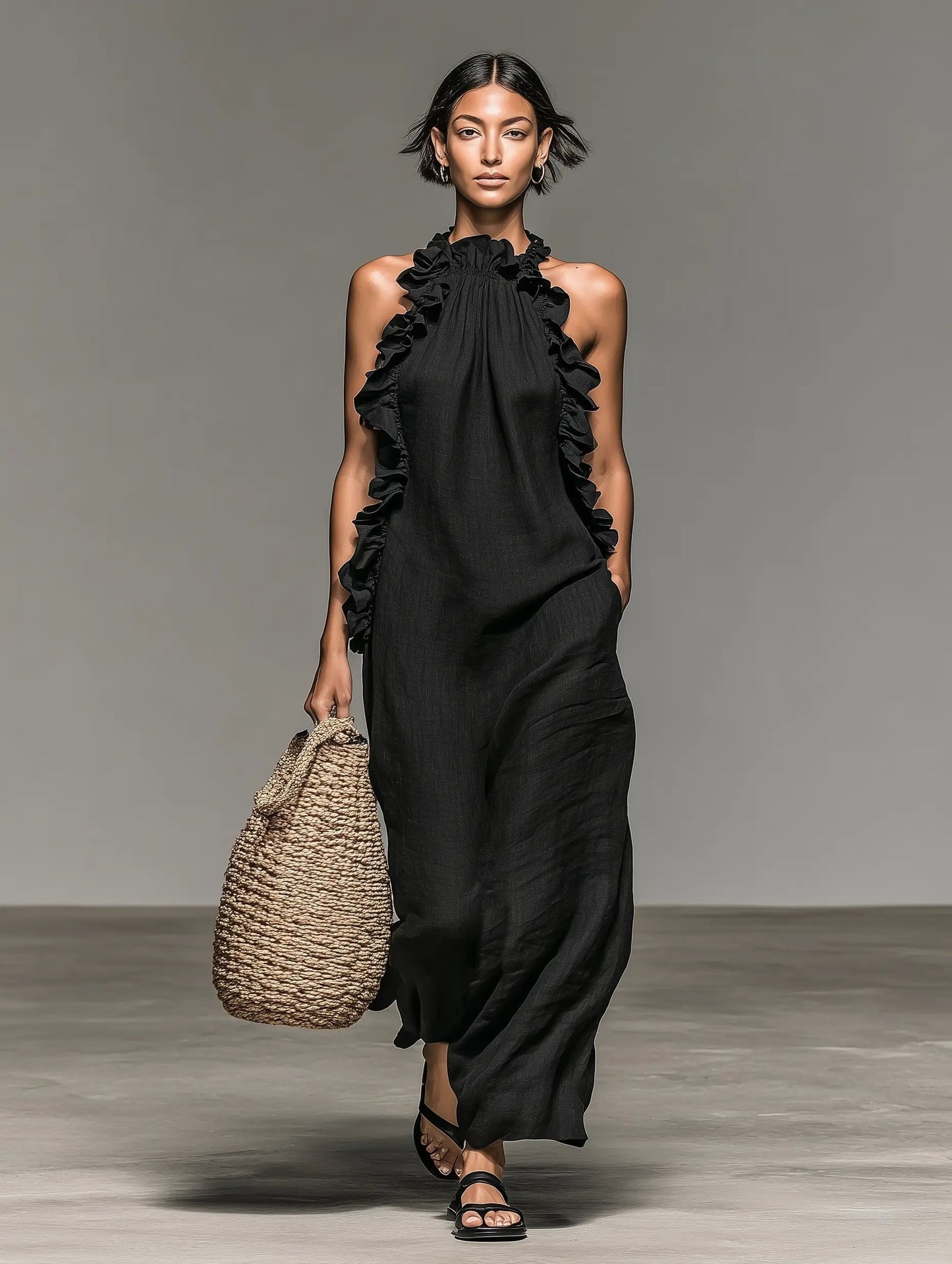 Women's Ruffled Sleeveless Linen Maxi Dress