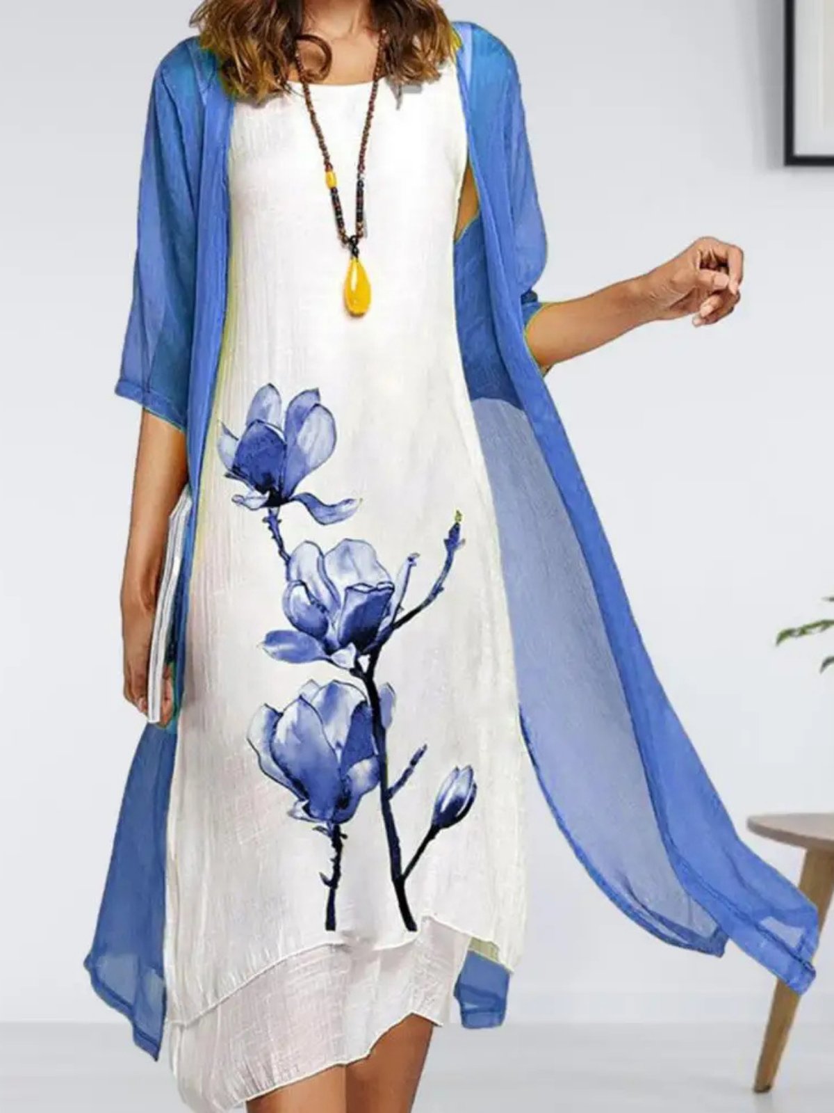 Women's Sleeveless Linen Midi Dress and Chiffon Jacket Set
