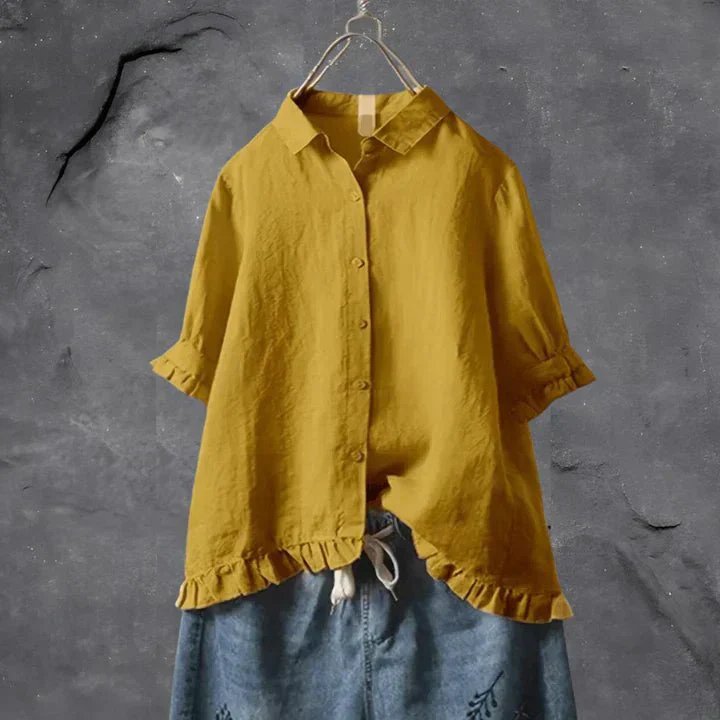 Women's Ruffle Sleeve Button-Front Linen Shirt