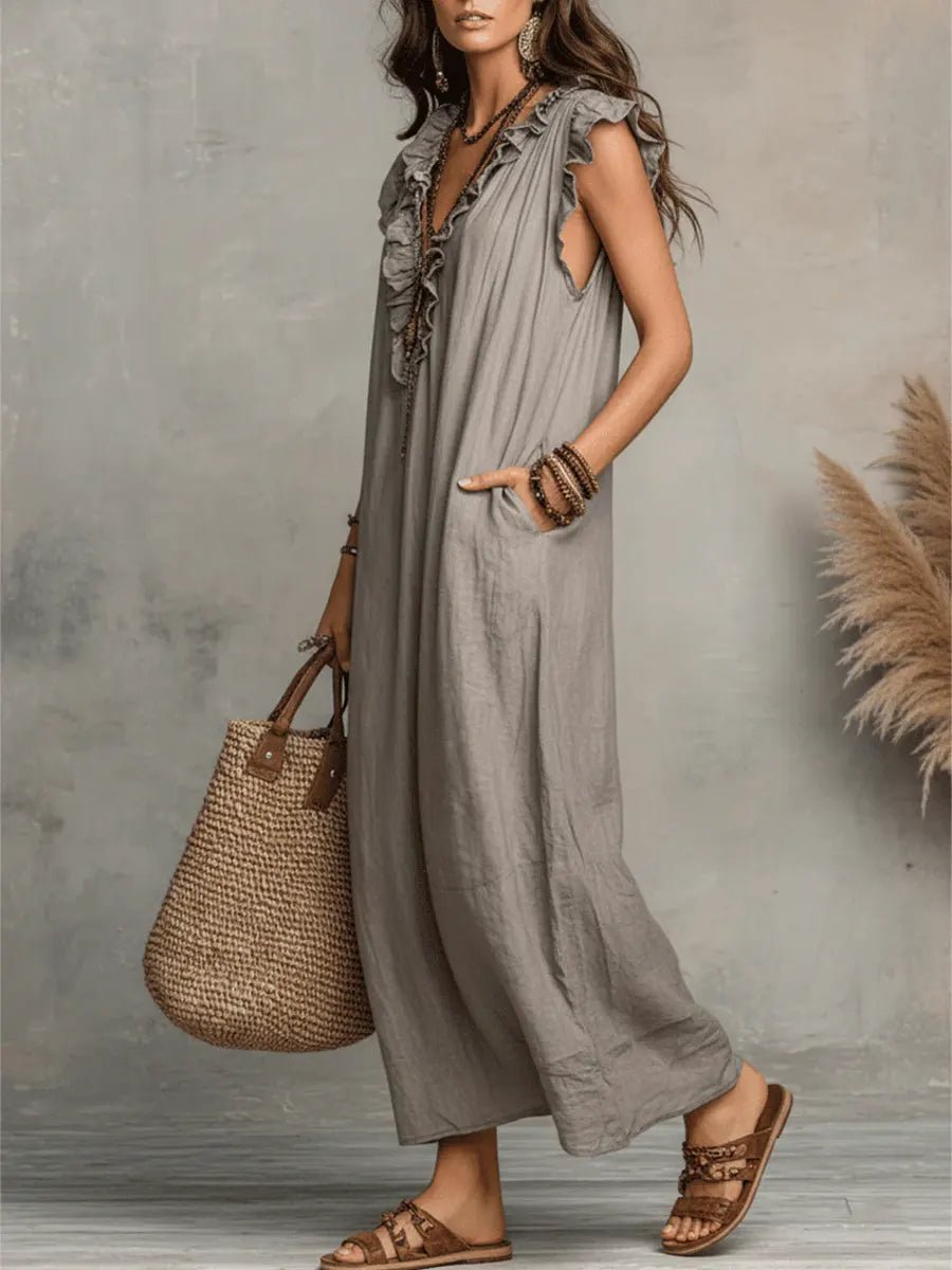 Women's V-Neck Linen Maxi Dress with Ruffle Trim
