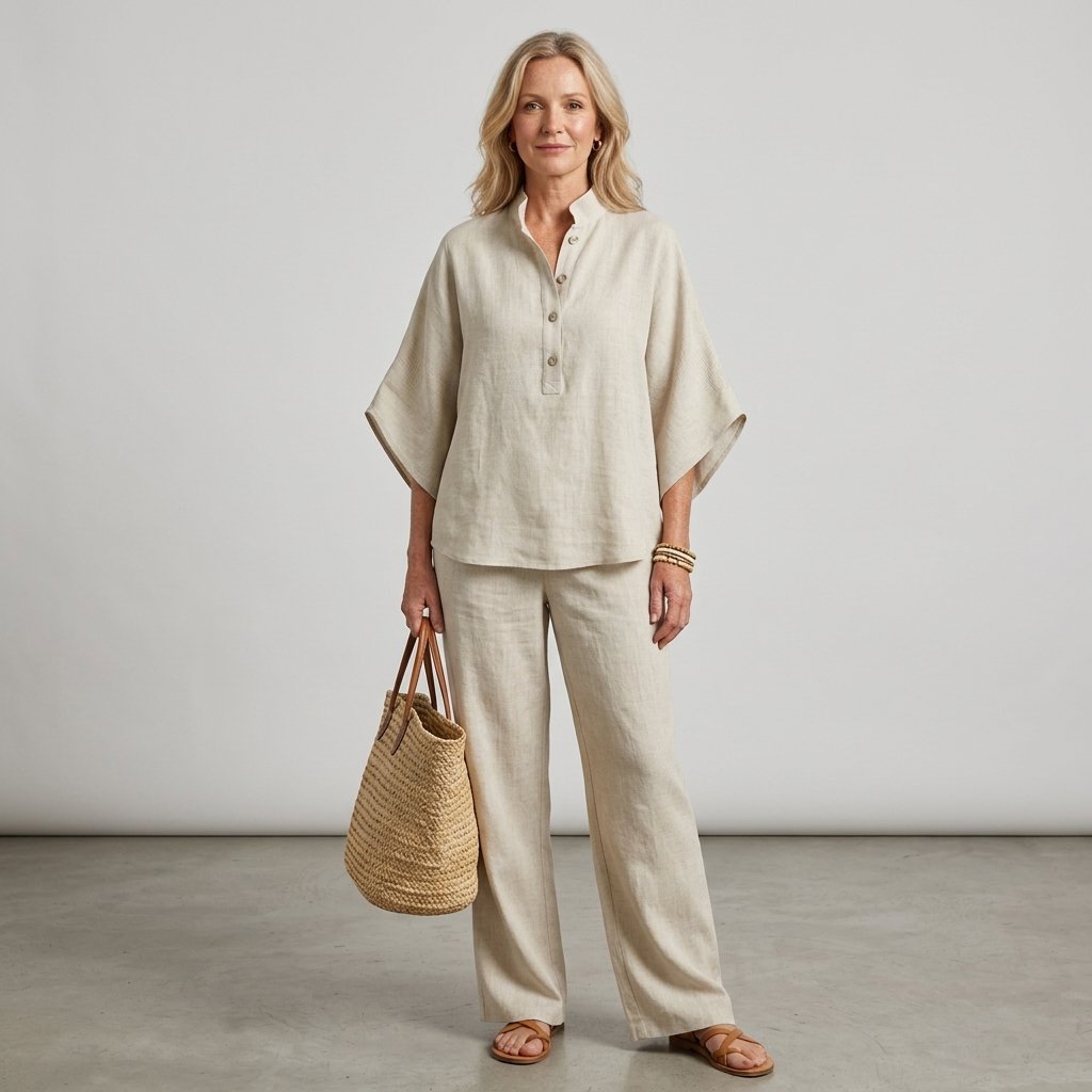 Mandarin-Collar Kimono-Sleeve Linen Top and Wide-Leg Pants Set for Women