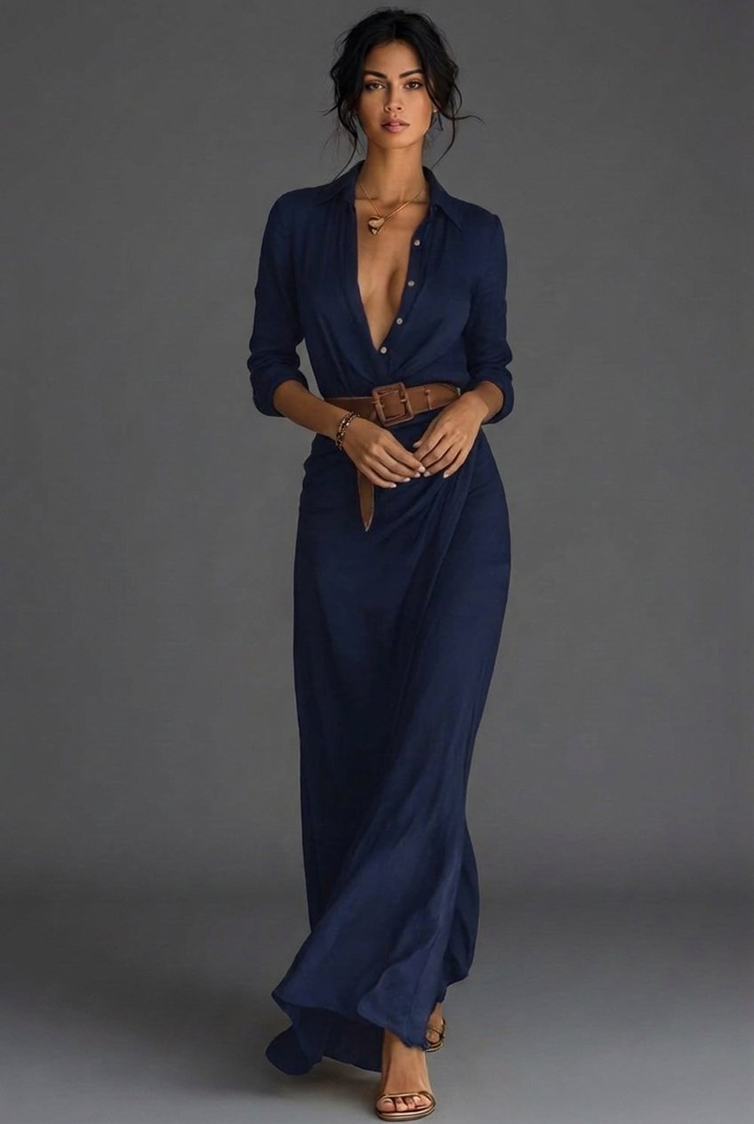 Long-Sleeve Linen Wrap Maxi Dress for Women