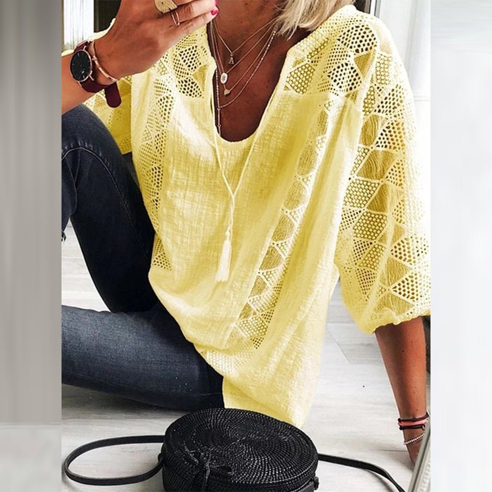 Women's 3/4-Sleeve Bohemian Blouse with Crochet Accents