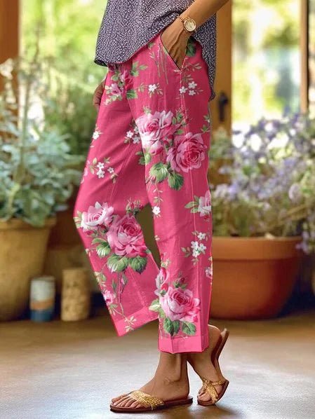 Casual Loose-Fit Floral Print Pants with Pockets for Women