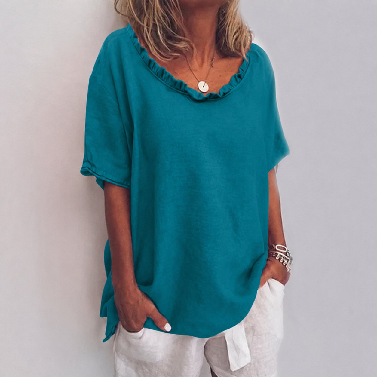 Women's Short-Sleeve Ruffle Cotton Relaxed Blouse